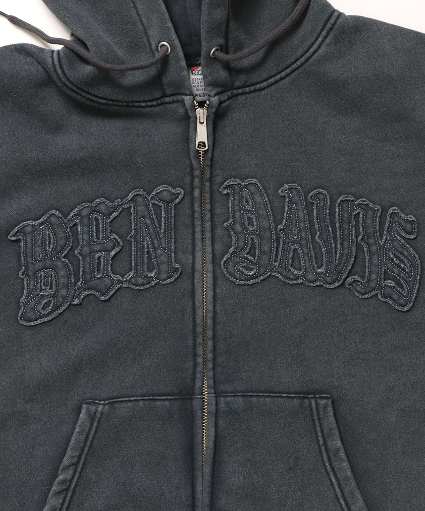 LETTERS FADED ZIP HOODIE / 共布ワッペン フーディ ダブルジップ 刺繍 ヘビーウェイト ジップパーカー 裏起毛 ≪セットアップ着用可能≫ ブラック