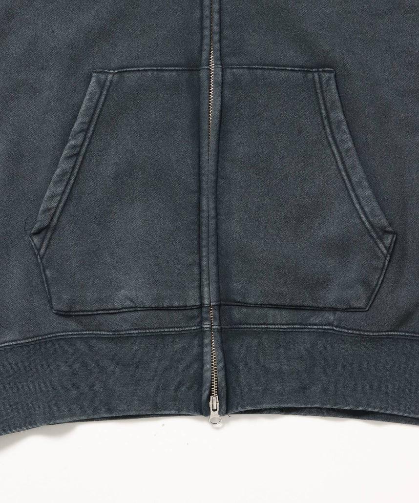 LETTERS FADED ZIP HOODIE / 共布ワッペン フーディ ダブルジップ 刺繍 ヘビーウェイト ジップパーカー 裏起毛 ≪セットアップ着用可能≫ ブラック