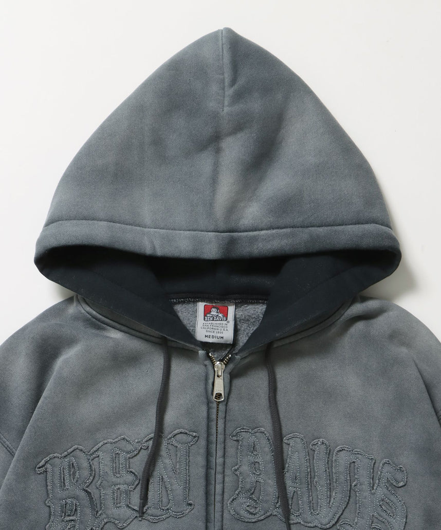 LETTERS FADED ZIP HOODIE / 共布ワッペン フーディ ダブルジップ 刺繍 ヘビーウェイト ジップパーカー 裏起毛 ≪セットアップ着用可能≫ 柄91