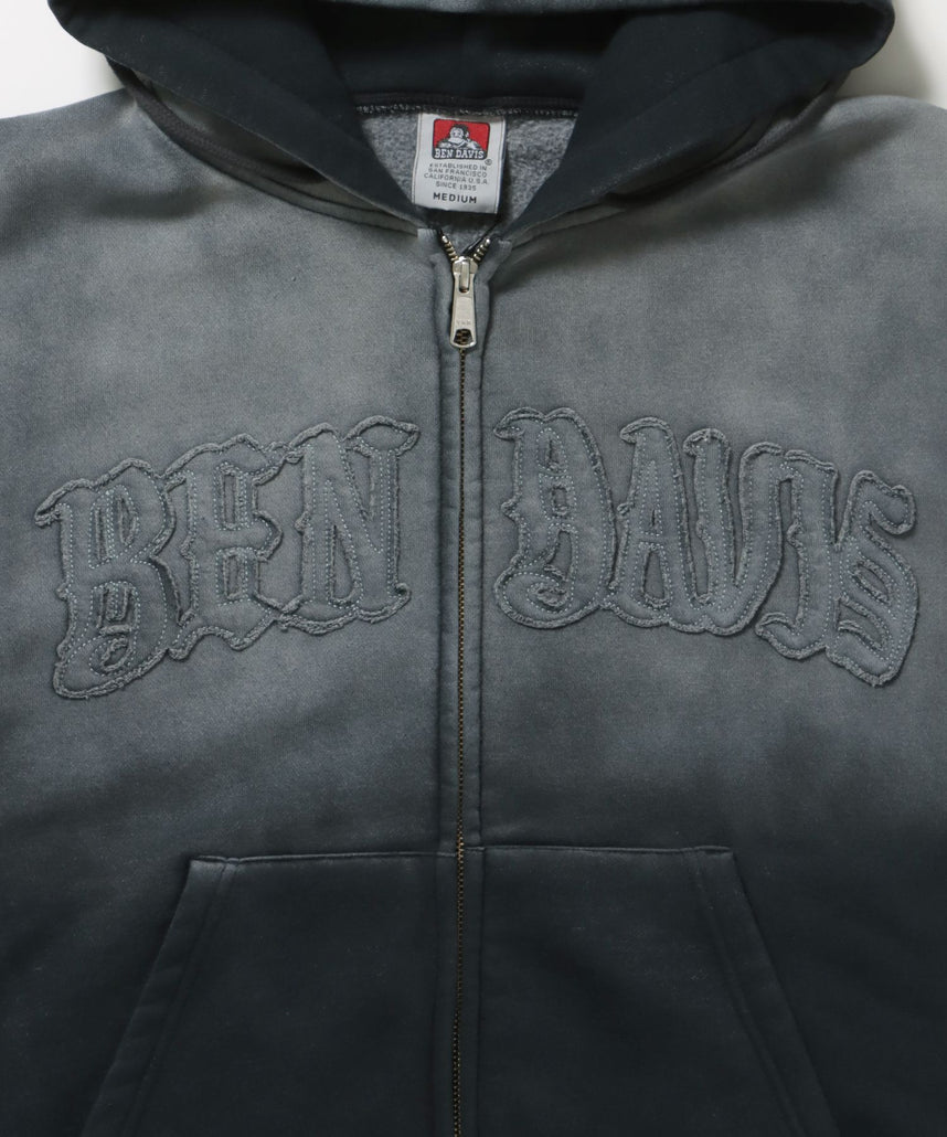 LETTERS FADED ZIP HOODIE / 共布ワッペン フーディ ダブルジップ 刺繍 ヘビーウェイト ジップパーカー 裏起毛 ≪セットアップ着用可能≫ 柄91