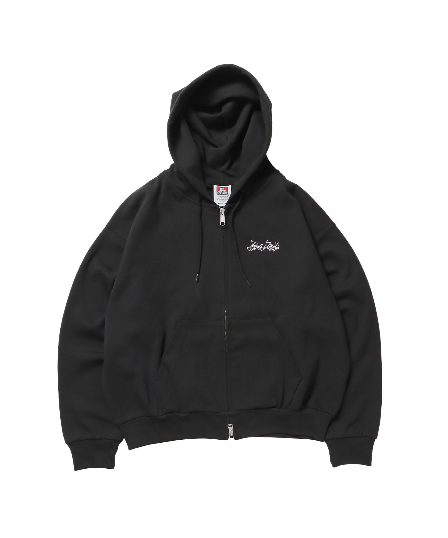 【BEN DAVIS(ベンデイビス)】AGGING JERSEY ZIP HOODY / ヘビーウェイト 刺繍 スウェット ジップパーカー 刺繍 【短丈】 ブラック