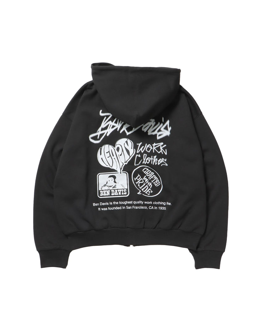 【BEN DAVIS(ベンデイビス)】AGGING JERSEY ZIP HOODY / ヘビーウェイト 刺繍 スウェット ジップパーカー 刺繍 【短丈】 ブラック