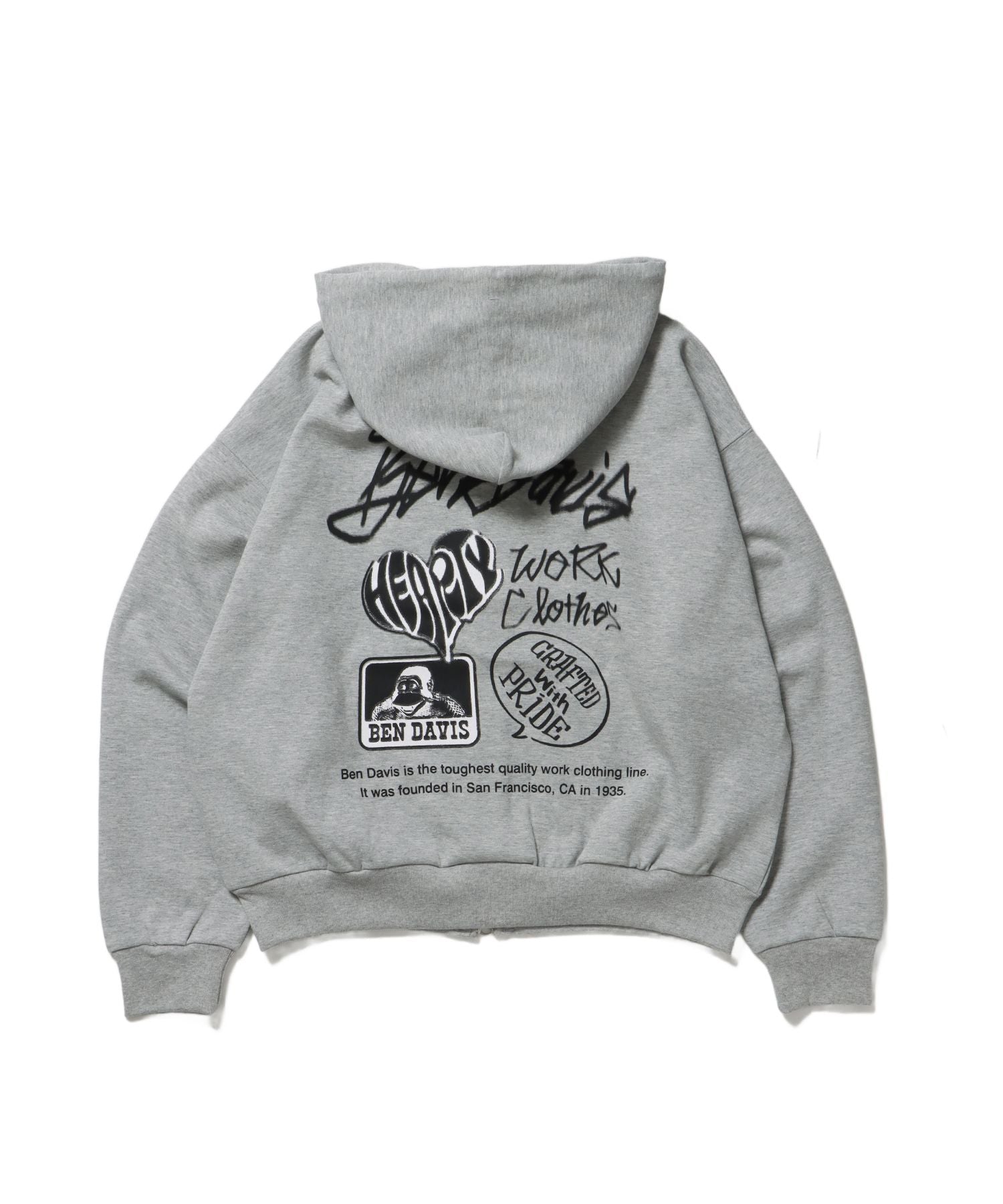 【BEN DAVIS(ベンデイビス)】AGGING JERSEY ZIP HOODY / ヘビーウェイト 刺繍 スウェット ジップパーカー 刺繍 【短丈】 グレー