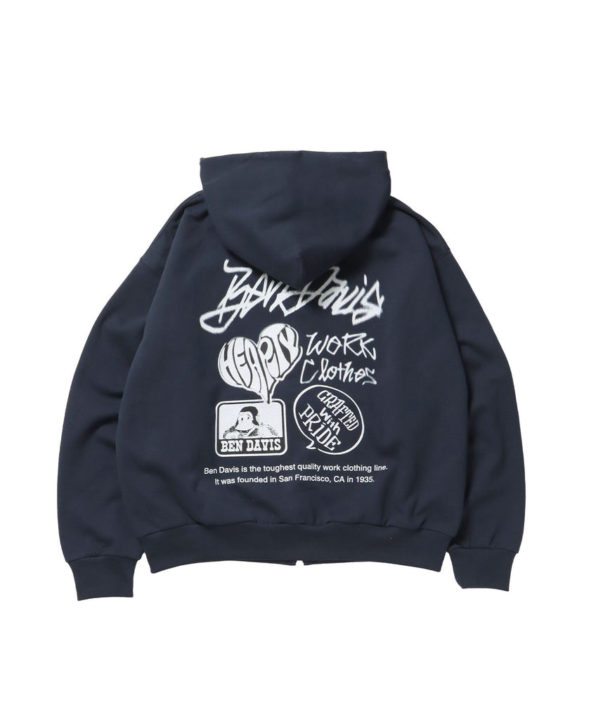 【BEN DAVIS(ベンデイビス)】AGGING JERSEY ZIP HOODY / ヘビーウェイト 刺繍 スウェット ジップパーカー 刺繍 【短丈】 ネイビー