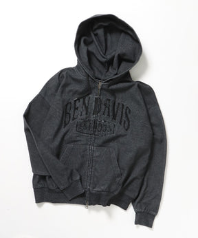 CUTOUT LETTER ZIP HOODY / オーバーサイズ ヘビーウェイト ジップパーカー フーディ ダブルジップ 刺繍 加工 【短丈】 ブラック
