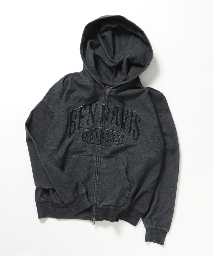 【BEN DAVIS(ベンデイビス)】CUTOUT LETTER ZIP HOODY / オーバーサイズ ヘビーウェイト ジップパーカー フーディ ダブルジップ 刺繍 加工 【短丈】 ブラック