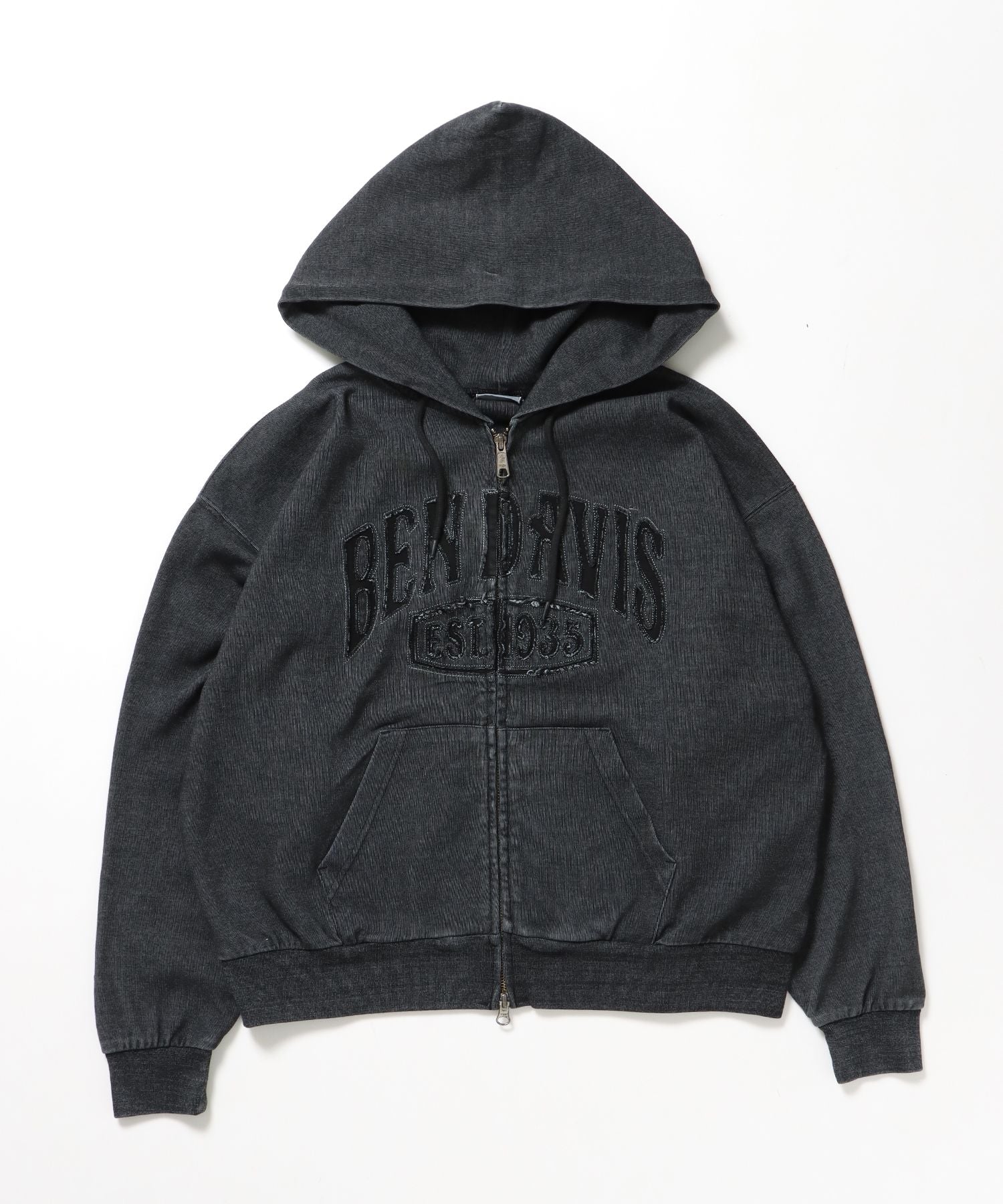 【BEN DAVIS(ベンデイビス)】CUTOUT LETTER ZIP HOODY / オーバーサイズ ヘビーウェイト ジップパーカー フーディ ダブルジップ 刺繍 加工 【短丈】 ブラック