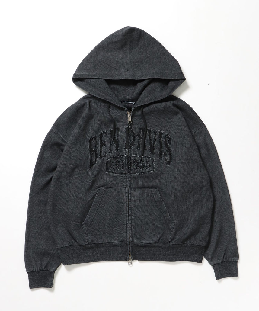 【BEN DAVIS(ベンデイビス)】CUTOUT LETTER ZIP HOODY / オーバーサイズ ヘビーウェイト ジップパーカー フーディ ダブルジップ 刺繍 加工 【短丈】 ブラック