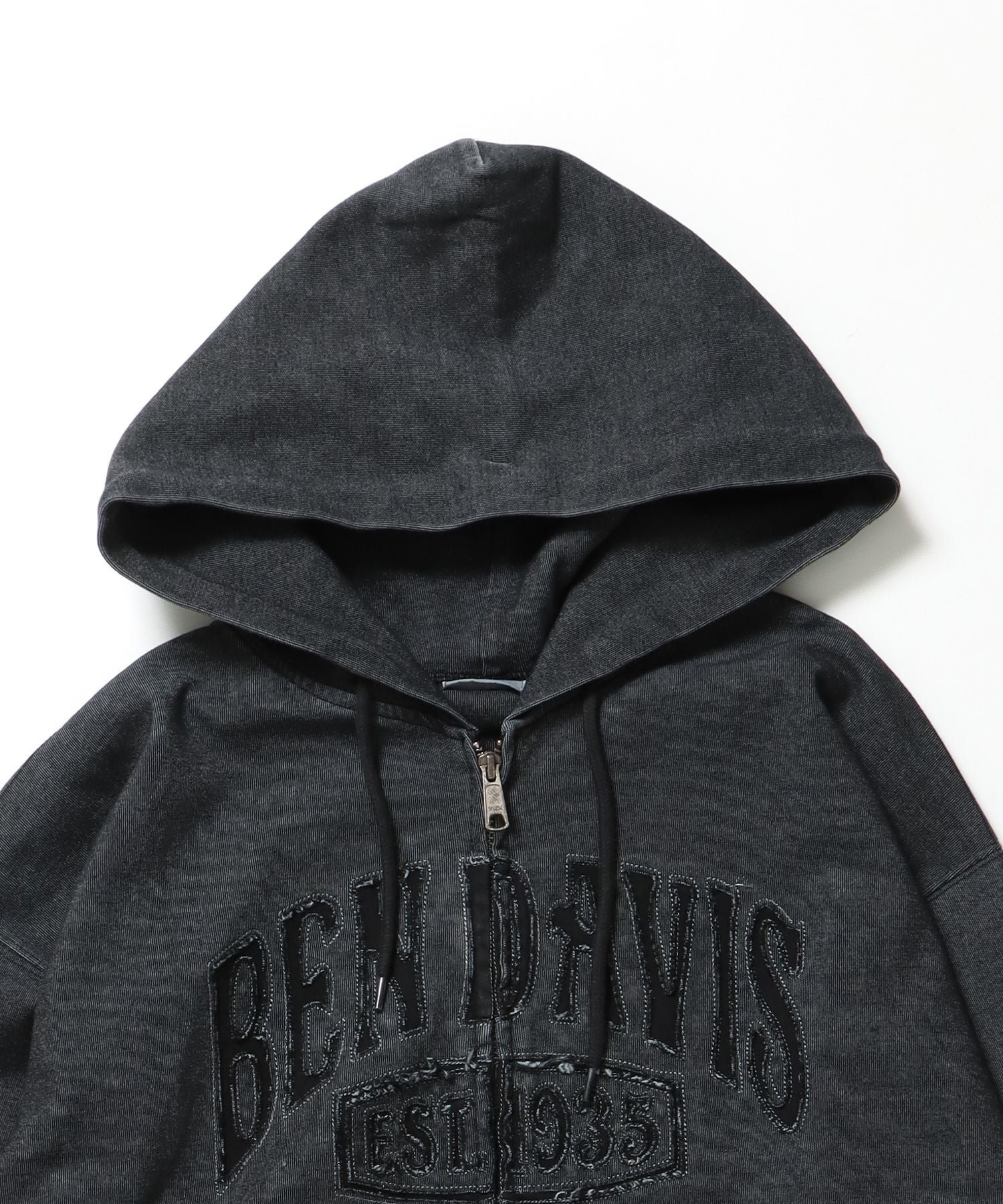 CUTOUT LETTER ZIP HOODY / オーバーサイズ ヘビーウェイト ジップパーカー フーディ ダブルジップ 刺繍 加工 【短丈】 ブラック