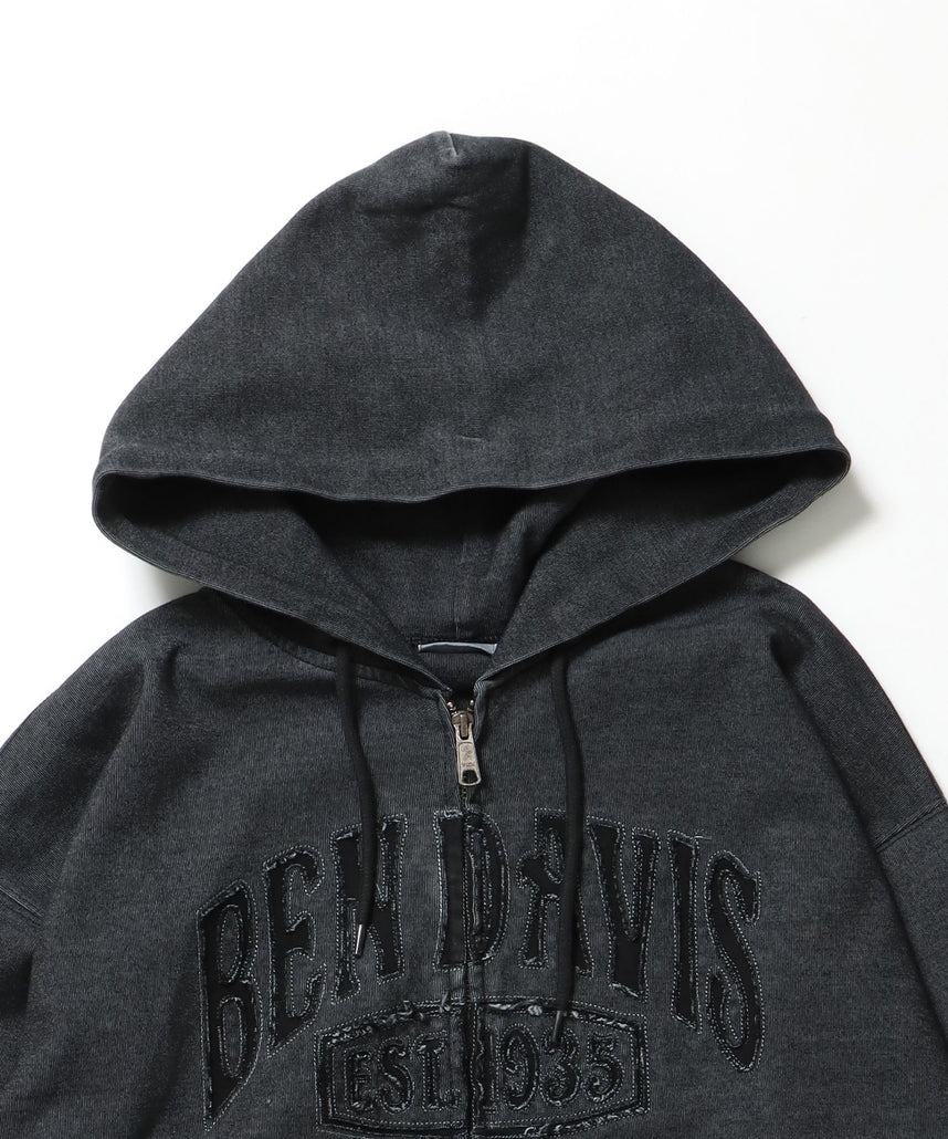CUTOUT LETTER ZIP HOODY / オーバーサイズ ヘビーウェイト ジップパーカー フーディ ダブルジップ 刺繍 加工 【短丈】 ブラック