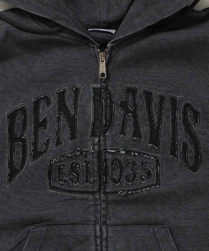 CUTOUT LETTER ZIP HOODY / オーバーサイズ ヘビーウェイト ジップパーカー フーディ ダブルジップ 刺繍 加工 【短丈】 ブラック