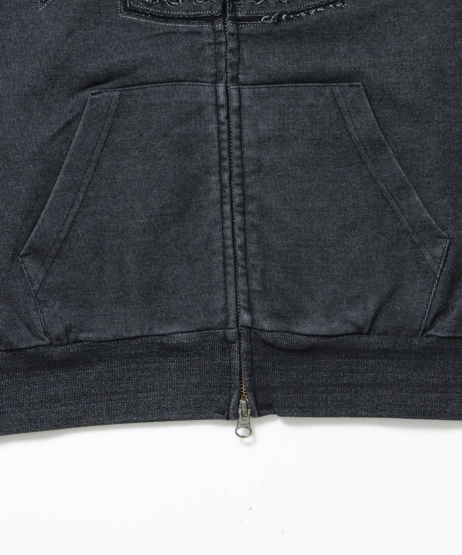 CUTOUT LETTER ZIP HOODY / オーバーサイズ ヘビーウェイト ジップパーカー フーディ ダブルジップ 刺繍 加工 【短丈】 ブラック