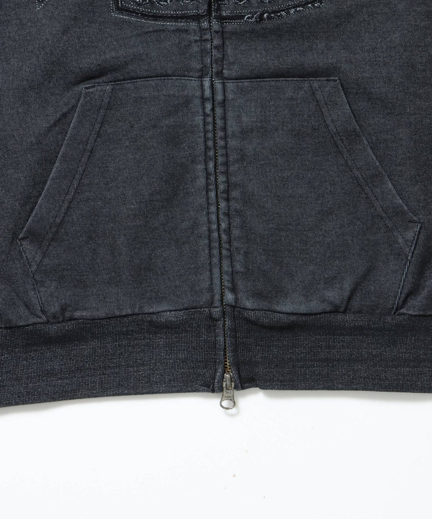 CUTOUT LETTER ZIP HOODY / オーバーサイズ ヘビーウェイト ジップパーカー フーディ ダブルジップ 刺繍 加工 【短丈】 ブラック