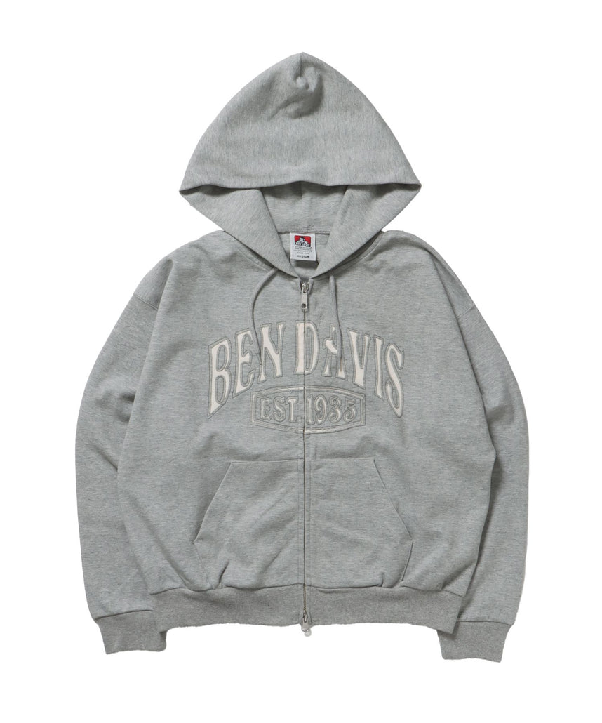 【BEN DAVIS(ベンデイビス)】CUTOUT LETTER ZIP HOODY / オーバーサイズ ヘビーウェイト ジップパーカー フーディ ダブルジップ 刺繍 加工 【短丈】 グレー