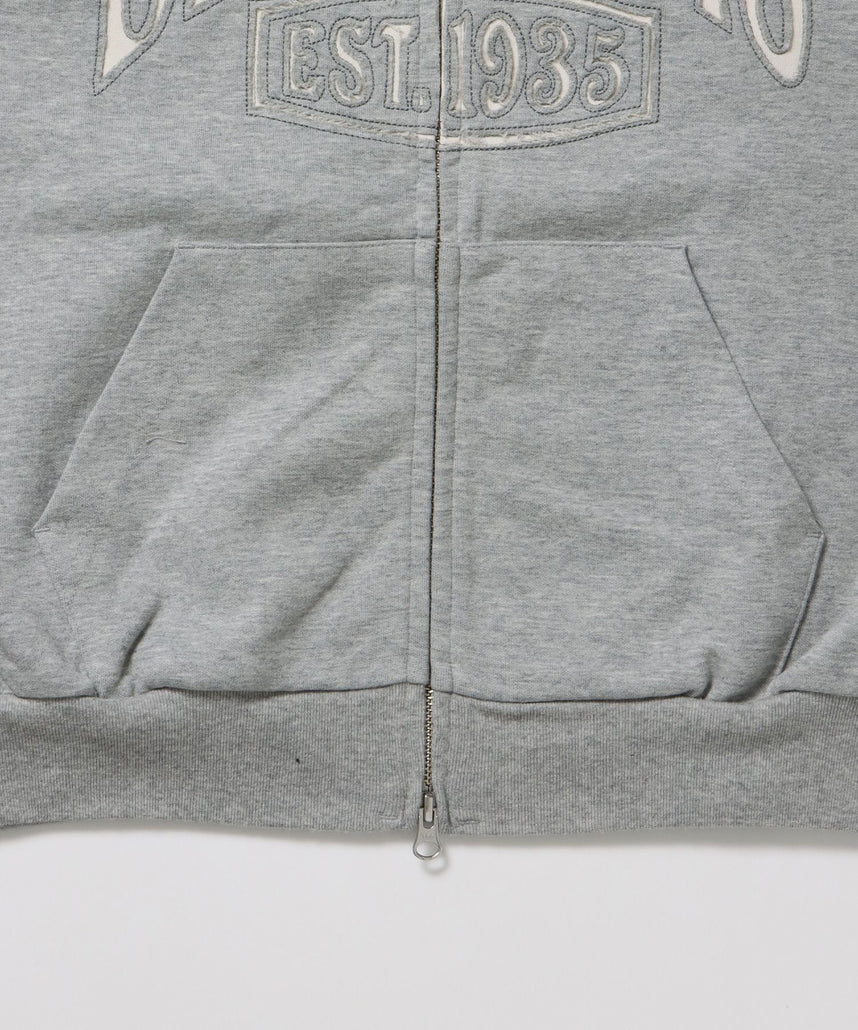 CUTOUT LETTER ZIP HOODY / オーバーサイズ ヘビーウェイト ジップパーカー フーディ ダブルジップ 刺繍 加工 【短丈】 グレー
