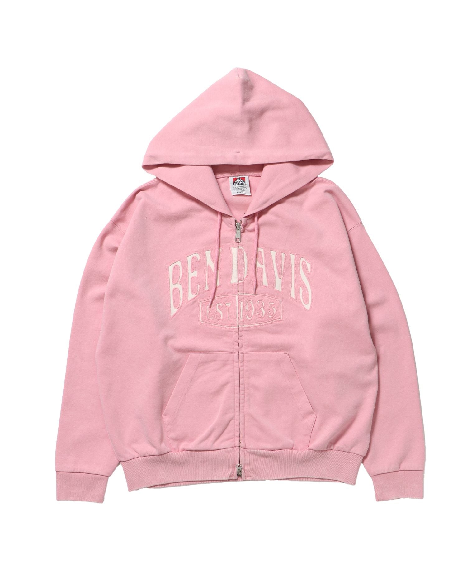 【BEN DAVIS(ベンデイビス)】CUTOUT LETTER ZIP HOODY / オーバーサイズ ヘビーウェイト ジップパーカー フーディ ダブルジップ 刺繍 加工 【短丈】 ピンク