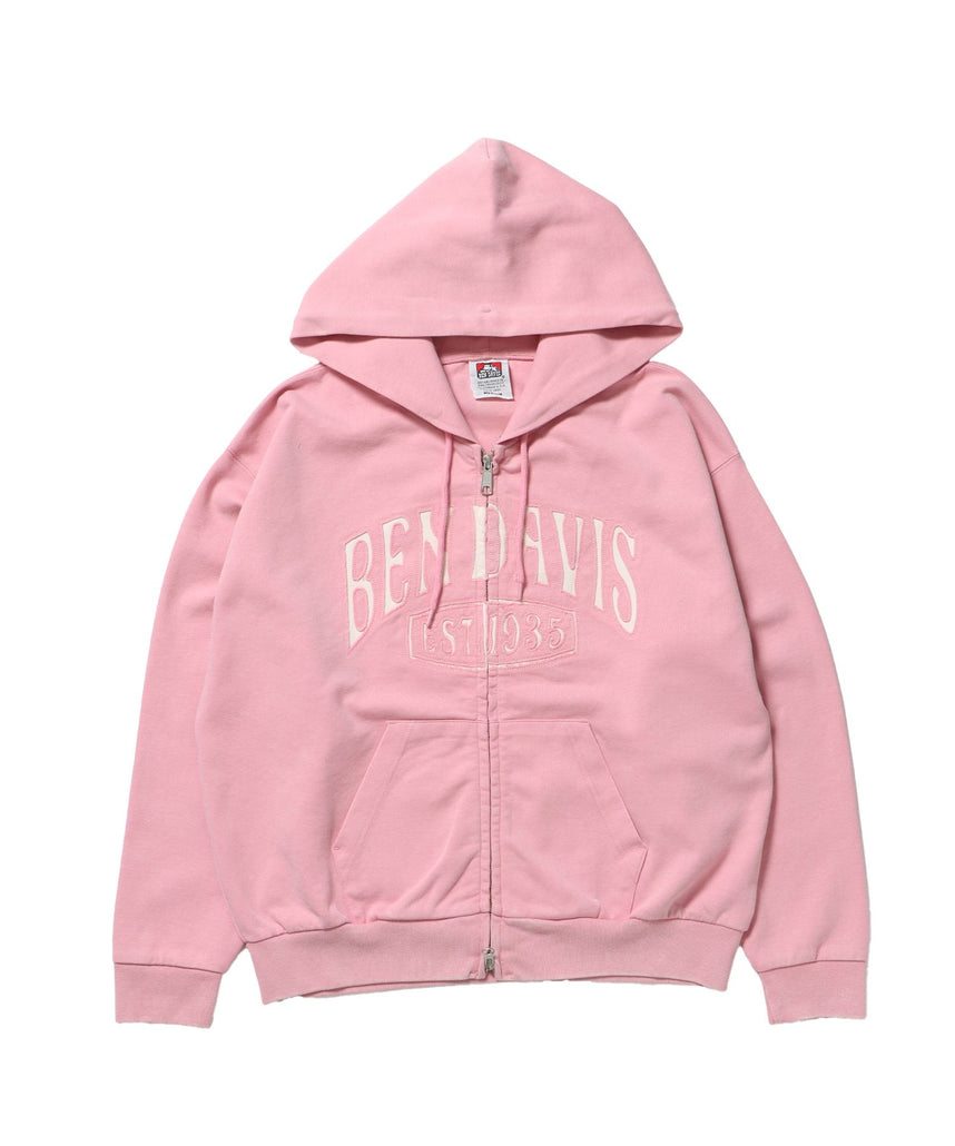 【BEN DAVIS(ベンデイビス)】CUTOUT LETTER ZIP HOODY / オーバーサイズ ヘビーウェイト ジップパーカー フーディ ダブルジップ 刺繍 加工 【短丈】 ピンク