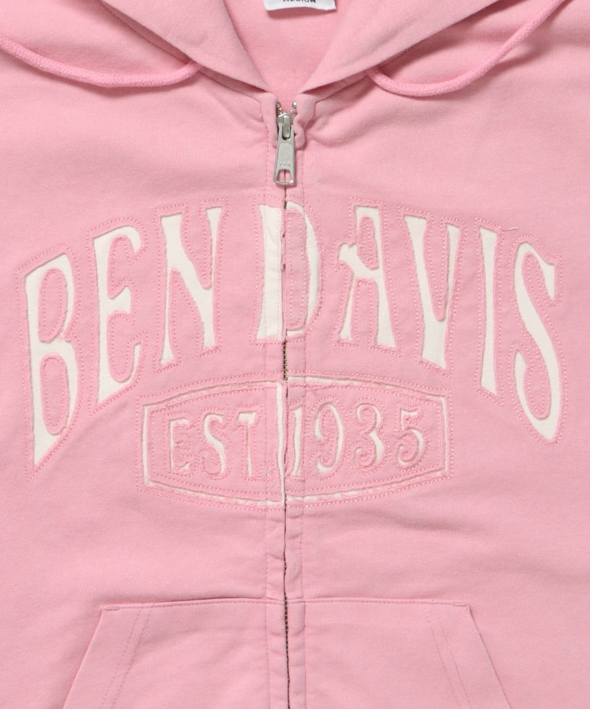 CUTOUT LETTER ZIP HOODY / オーバーサイズ ヘビーウェイト ジップパーカー フーディ ダブルジップ 刺繍 加工 【短丈】 ピンク