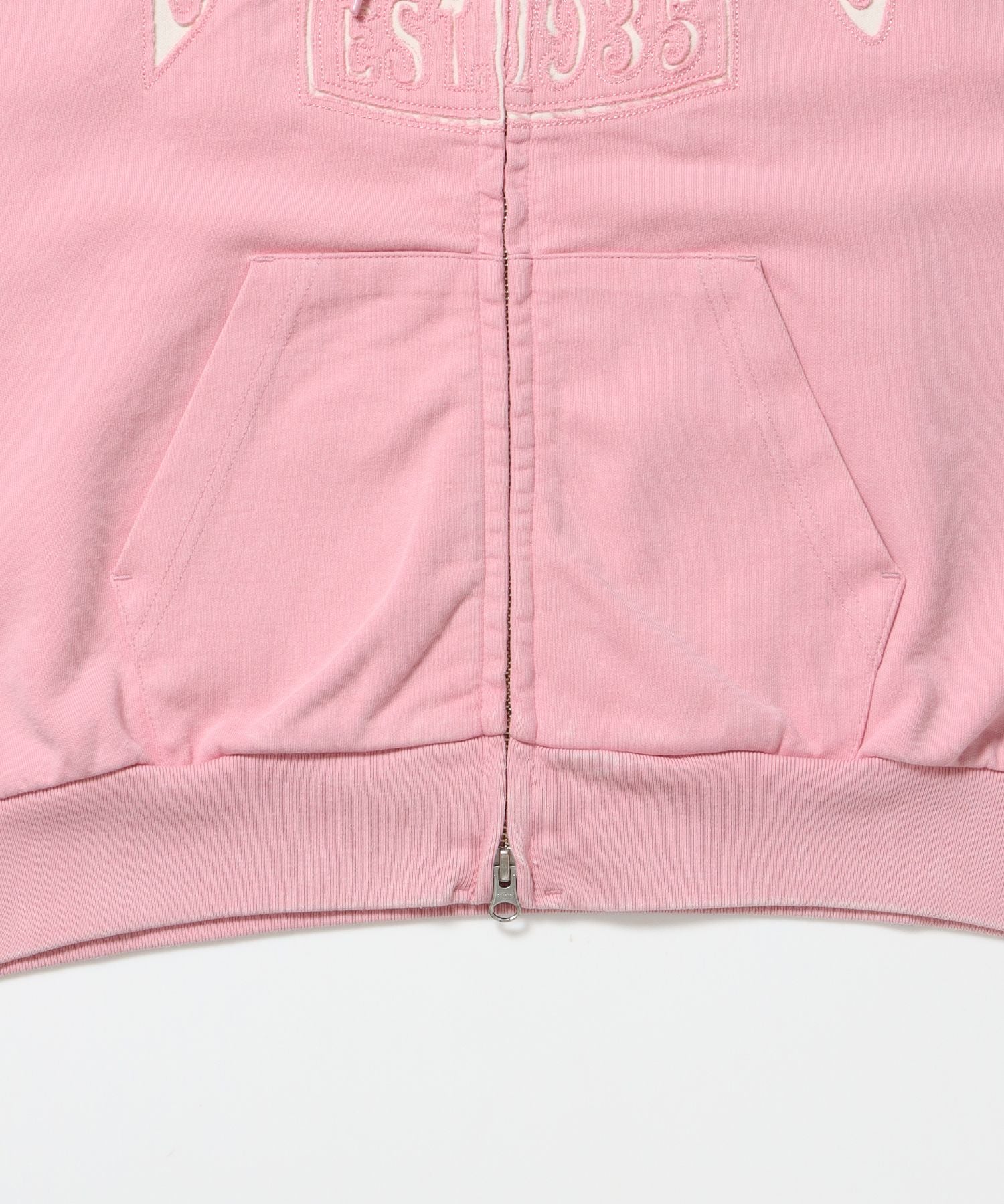 CUTOUT LETTER ZIP HOODY / オーバーサイズ ヘビーウェイト ジップパーカー フーディ ダブルジップ 刺繍 加工 【短丈】 ピンク