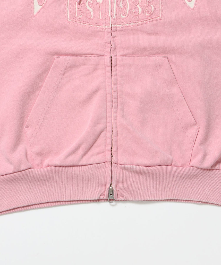 CUTOUT LETTER ZIP HOODY / オーバーサイズ ヘビーウェイト ジップパーカー フーディ ダブルジップ 刺繍 加工 【短丈】 ピンク