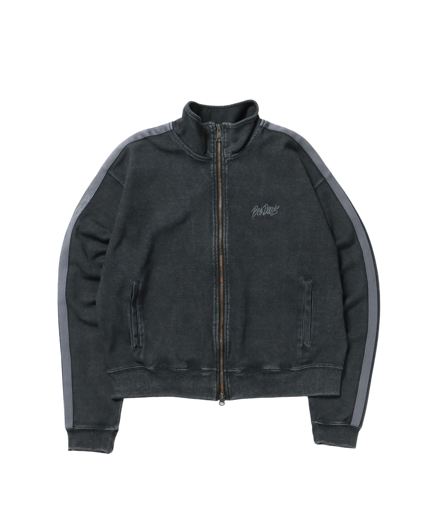 【BEN DAVIS(ベンデイビス)】JERSEY LINE TRACK JACKET / ビッグシルエット フルジップ ヘビーウェイト 加工 刺繍 フーディ【短丈】 ブラック