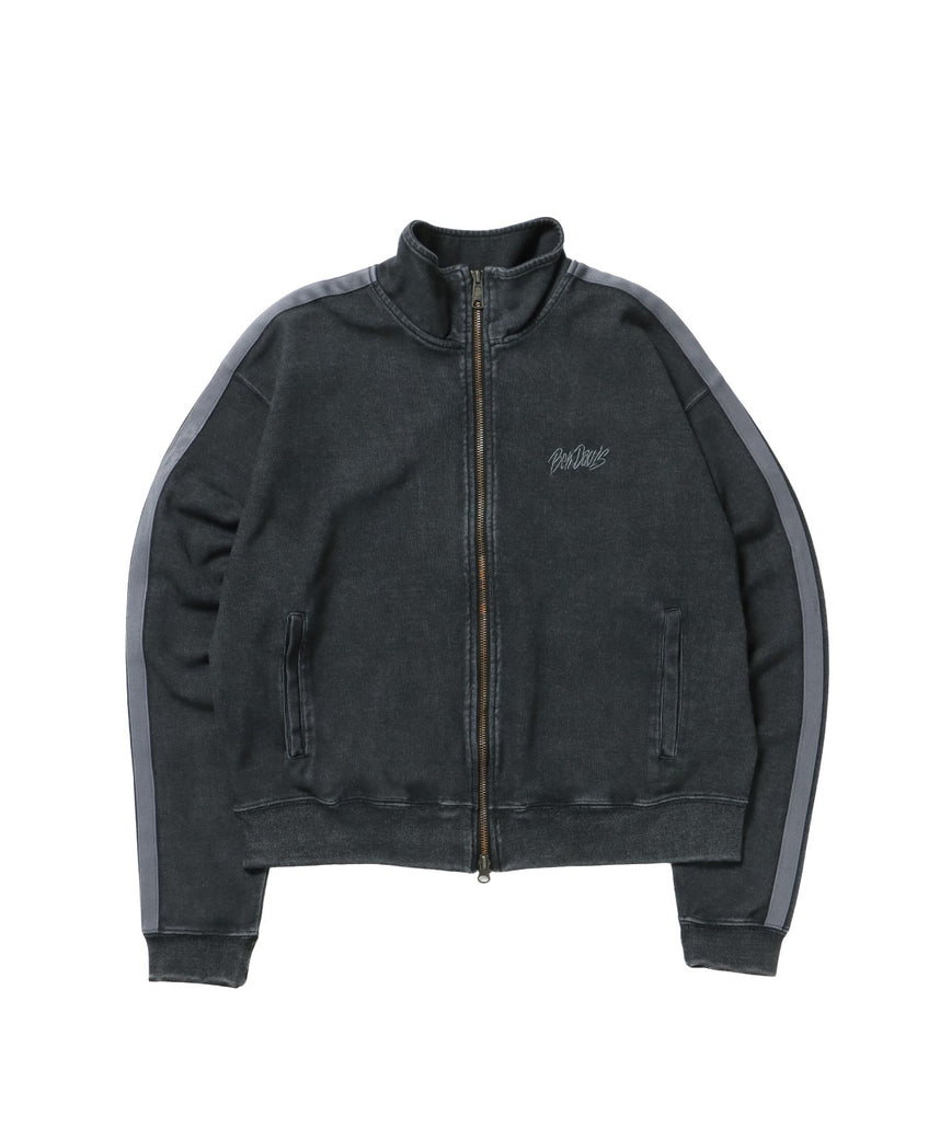 【BEN DAVIS(ベンデイビス)】JERSEY LINE TRACK JACKET / ビッグシルエット フルジップ ヘビーウェイト 加工 刺繍 フーディ【短丈】 ブラック