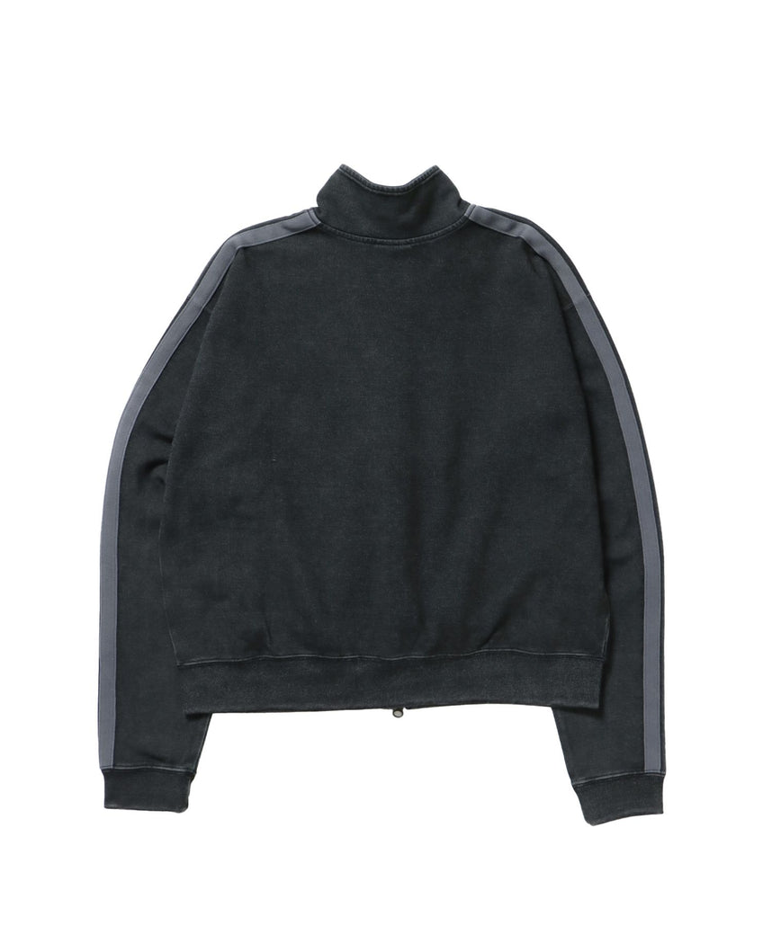 JERSEY LINE TRACK JACKET / ビッグシルエット フルジップ ヘビーウェイト 加工 刺繍 フーディ【短丈】 ブラック