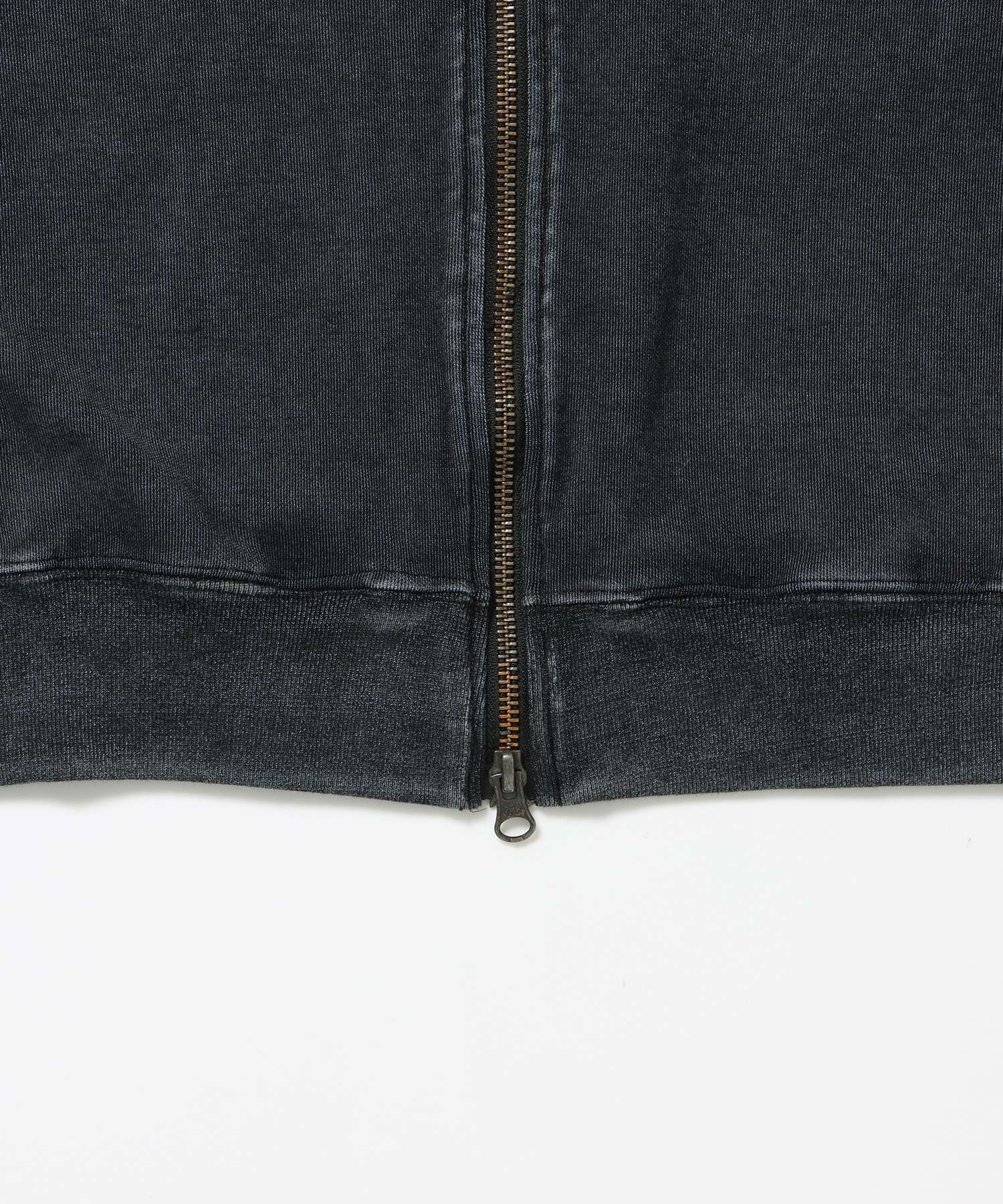 JERSEY LINE TRACK JACKET / ビッグシルエット フルジップ ヘビーウェイト 加工 刺繍 フーディ【短丈】 ブラック