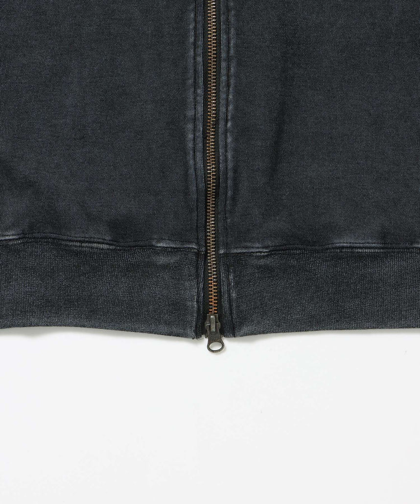 JERSEY LINE TRACK JACKET / ビッグシルエット フルジップ ヘビーウェイト 加工 刺繍 フーディ【短丈】 ブラック