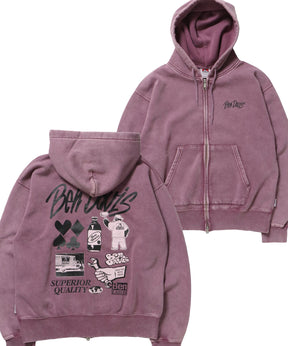GRAPHIC FADED ZIP HOODIE / ジップパーカー フーディ 裏起毛 ヘビーウェイト プリント 加工 ピンク