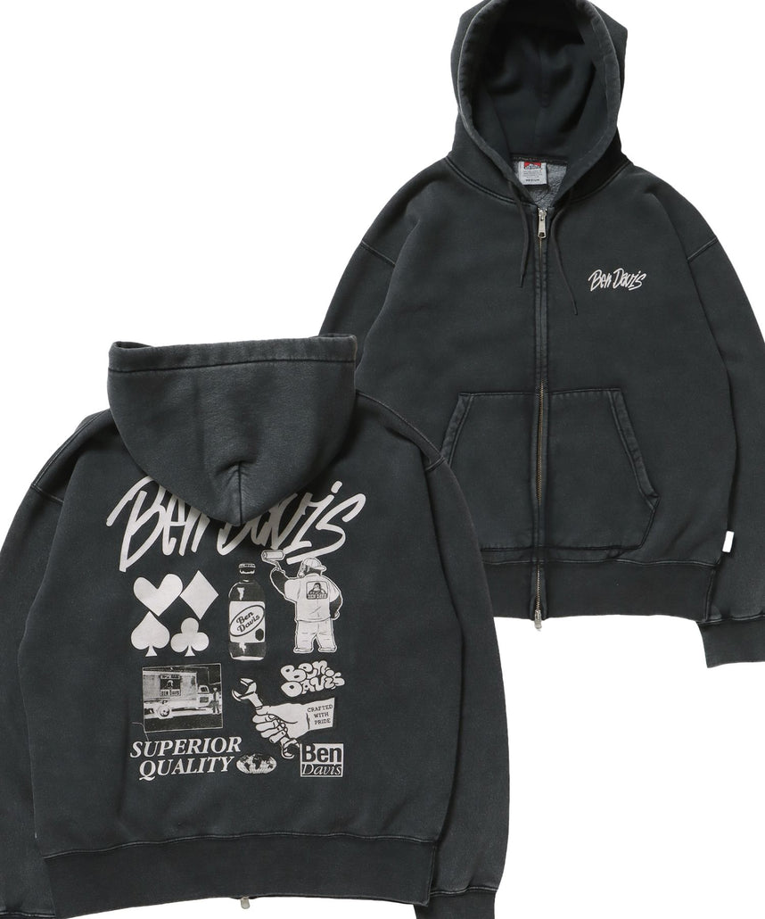 【BEN DAVIS(ベンデイビス)】GRAPHIC FADED ZIP HOODIE / ジップパーカー フーディ 裏起毛 ヘビーウェイト プリント 加工 ブラック