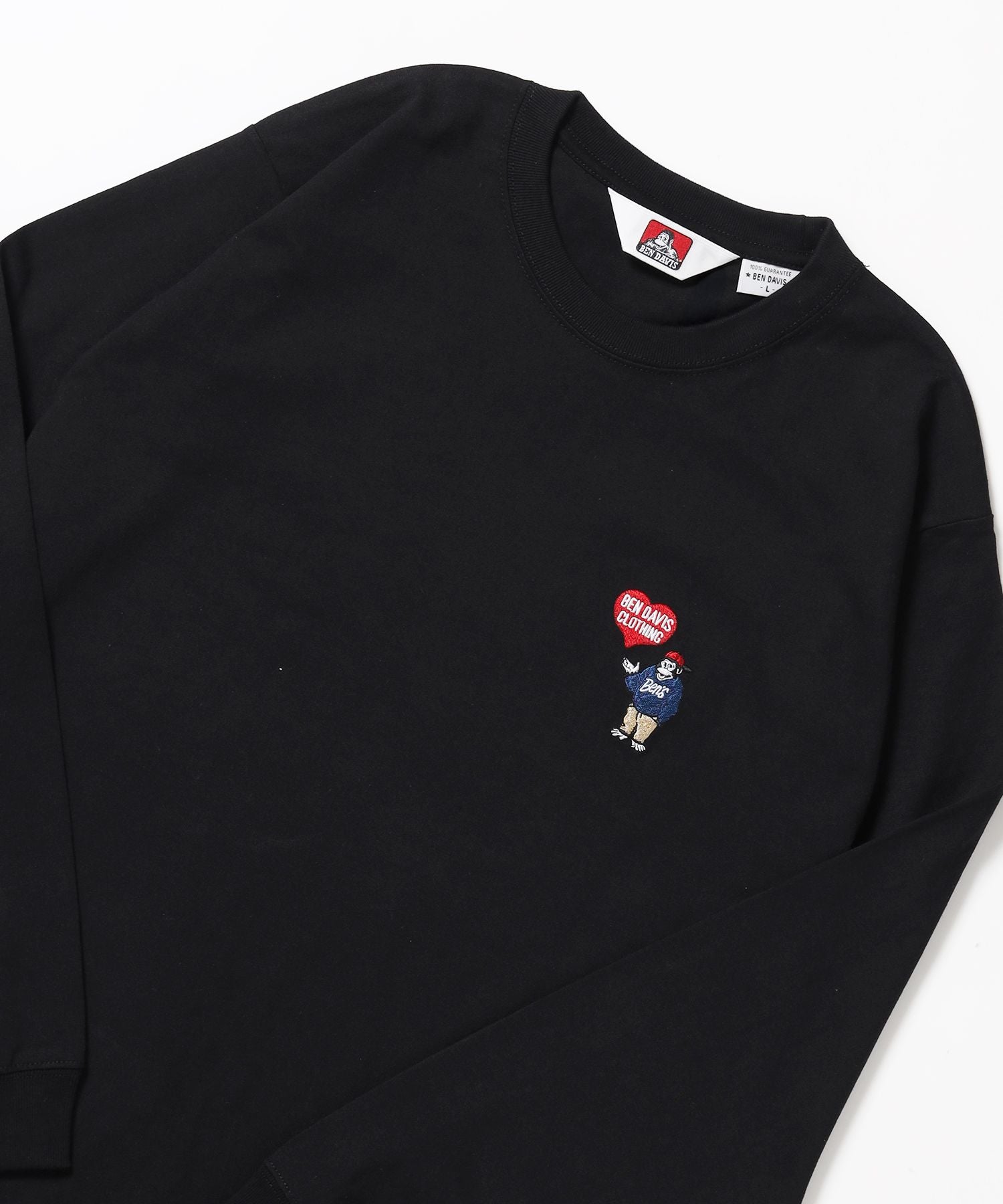 【BEN DAVIS(ベンデイビス)】HEART GORILLA L/S TEE / クルーネック ロンT 長袖 刺繍 ワンポイント ユニセックス レギュラーシルエット ブラック