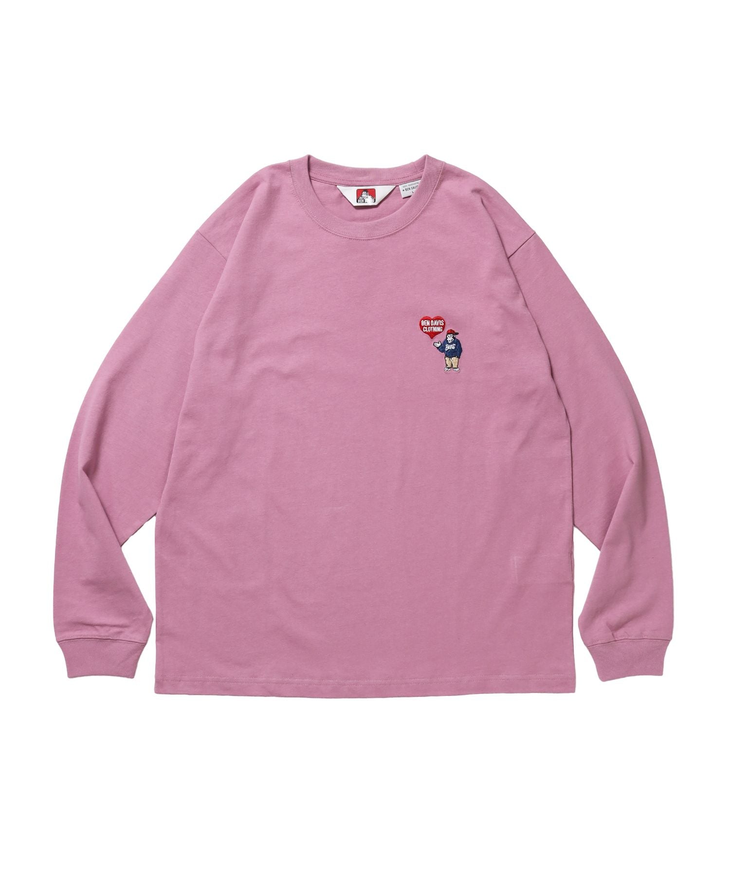 【BEN DAVIS(ベンデイビス)】HEART GORILLA L/S TEE / クルーネック ロンT 長袖 刺繍 ワンポイント ユニセックス レギュラーシルエット ピンク