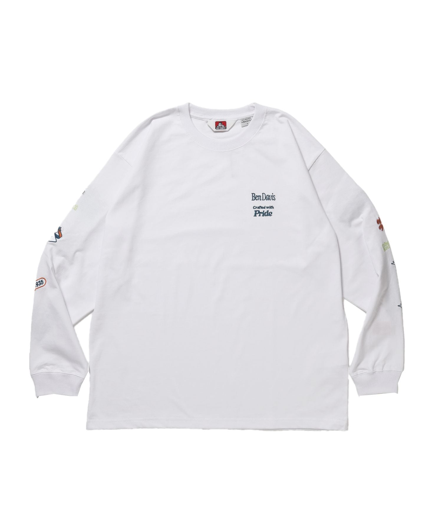 【BEN DAVIS(ベンデイビス)】SLEEVE EMB WIDE L/S TEE / ロンT クルーネック 刺繍 長袖 ユニセックス レギュラーシルエット ホワイト