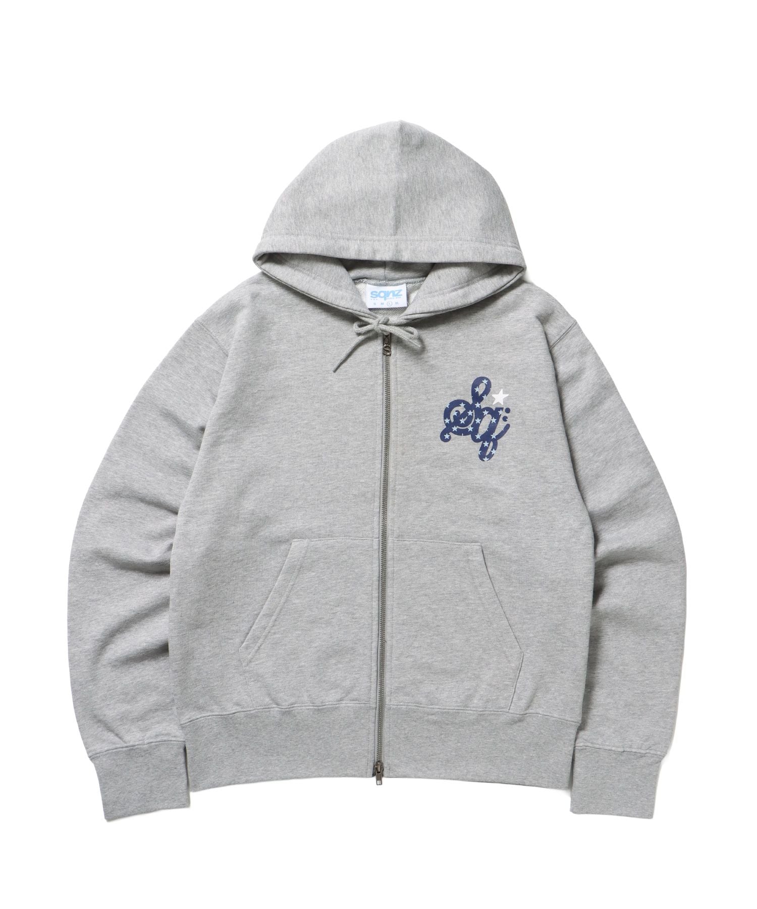 【sqnz(エスキュンズ)】sqnz logo pt zip p/k / ヘビーウェイト 刺繍 フーディ 裏毛 ワンポイント ダブルジップ ドット柄 グレー