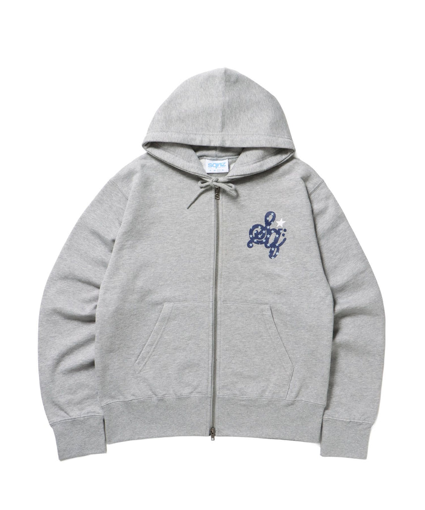 【sqnz(エスキュンズ)】sqnz logo pt zip p/k / ヘビーウェイト 刺繍 フーディ 裏毛 ワンポイント ダブルジップ ドット柄 グレー