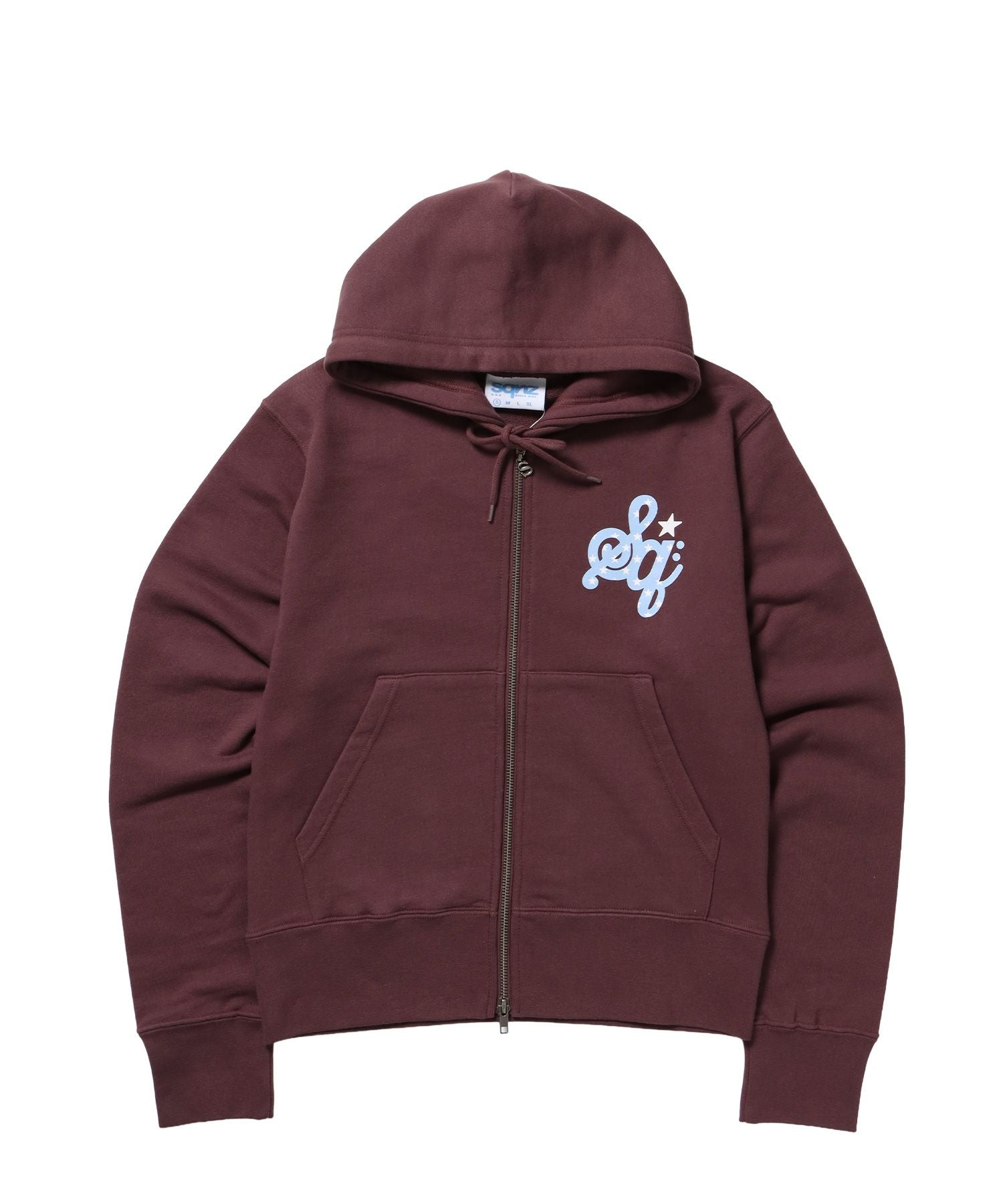 【sqnz(エスキュンズ)】sqnz logo pt zip p/k / ヘビーウェイト 刺繍 フーディ 裏毛 ワンポイント ダブルジップ ドット柄 モカ