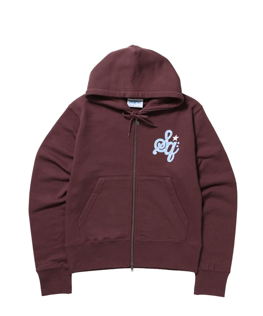 【sqnz(エスキュンズ)】sqnz logo pt zip p/k / ヘビーウェイト 刺繍 フーディ 裏毛 ワンポイント ダブルジップ ドット柄 モカ