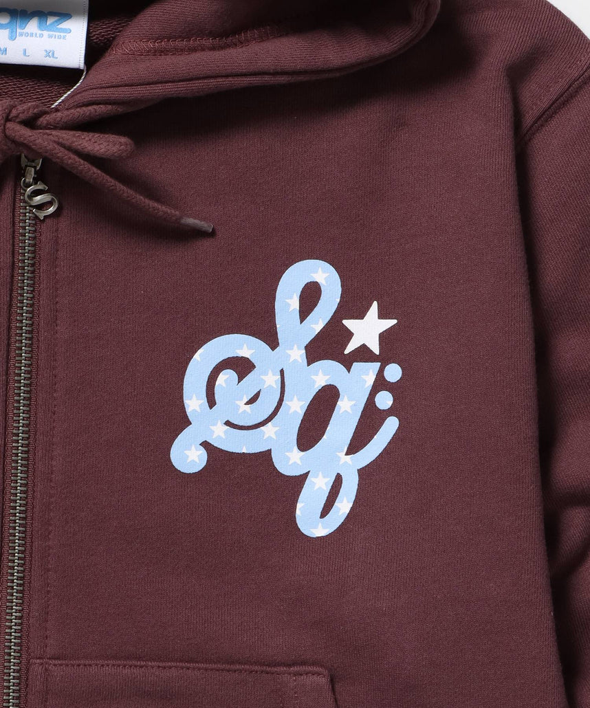 sqnz logo pt zip p/k /ジップパーカー フーディ 裏毛 ワンポイント ダブルジップ 花柄 星柄 モカ
