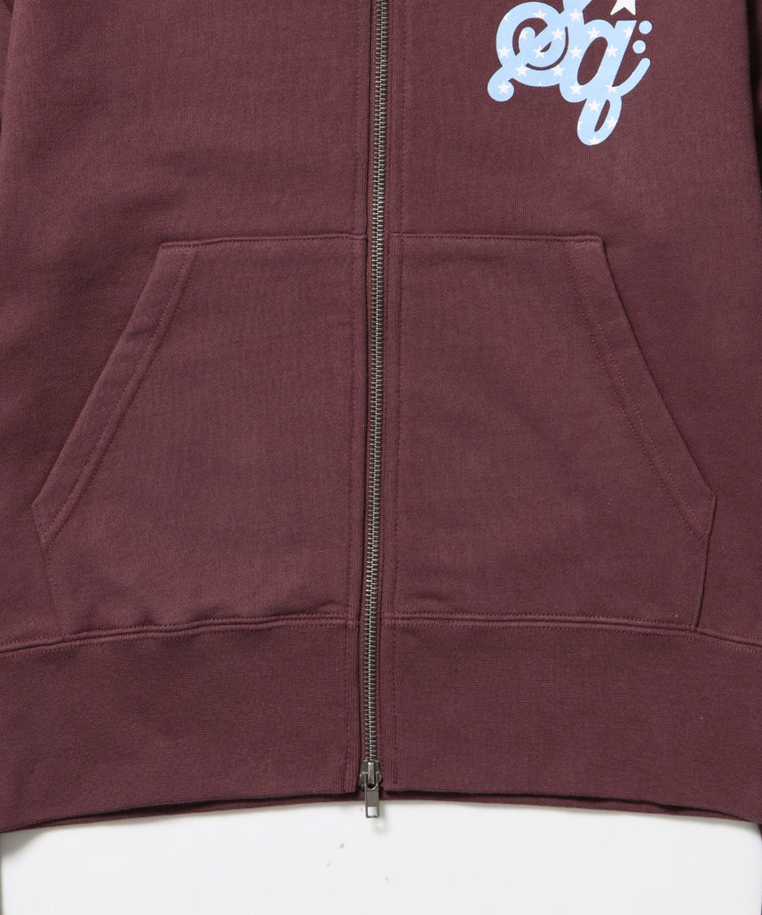 sqnz logo pt zip p/k /ジップパーカー フーディ 裏毛 ワンポイント ダブルジップ 花柄 星柄 モカ