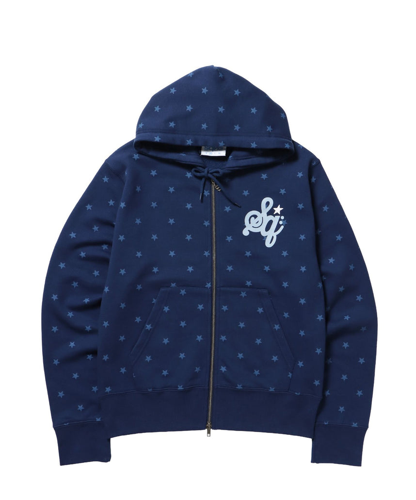 【sqnz(エスキュンズ)】sqnz logo pt zip p/k / ヘビーウェイト 刺繍 フーディ 裏毛 ワンポイント ダブルジップ ドット柄 柄82