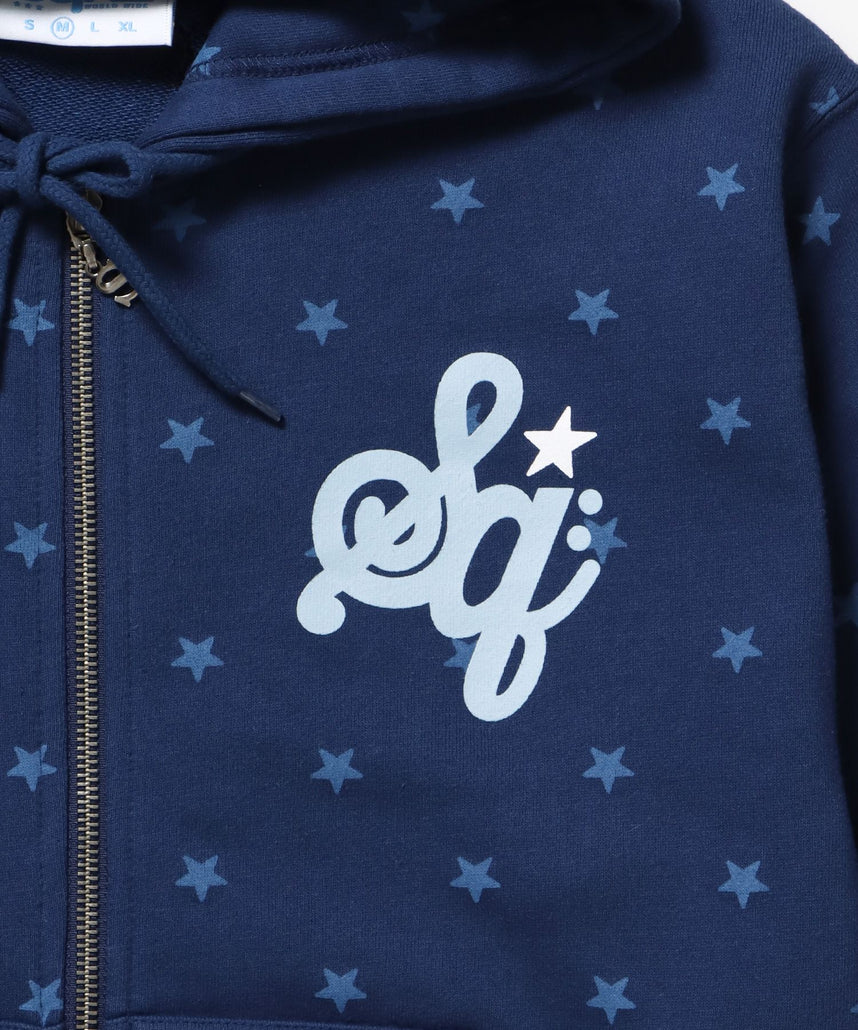 sqnz logo pt zip p/k / ジップパーカー フーディ 裏毛 ワンポイント ダブルジップ 花柄 星柄 柄82