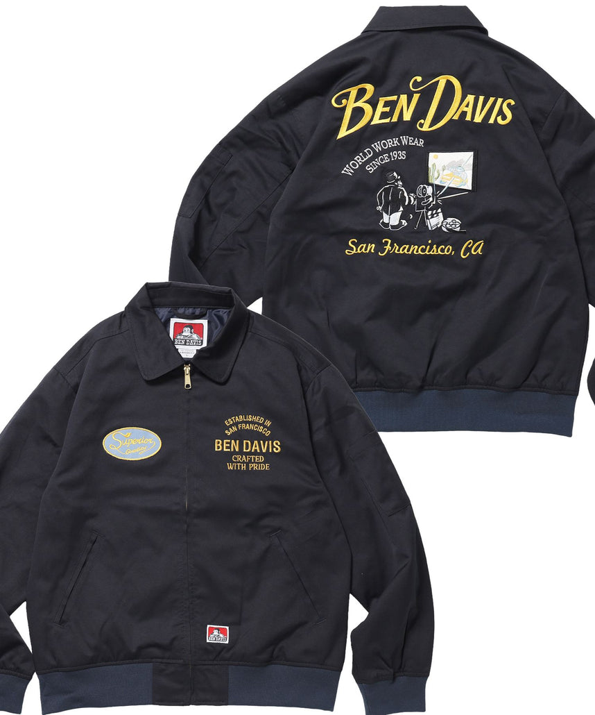 【BEN DAVIS(ベンデイビス)】THEATER EMB BM JACKET / ワーク ジャケット ジップ 刺繍 ポケット ワンポイント ネイビー