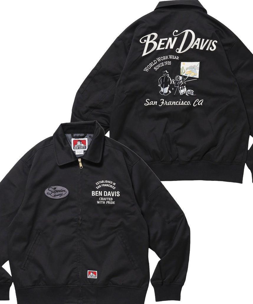【BEN DAVIS(ベンデイビス)】THEATER EMB BM JACKET / ワーク ジャケット ジップ 刺繍 ポケット ワンポイント ブラック