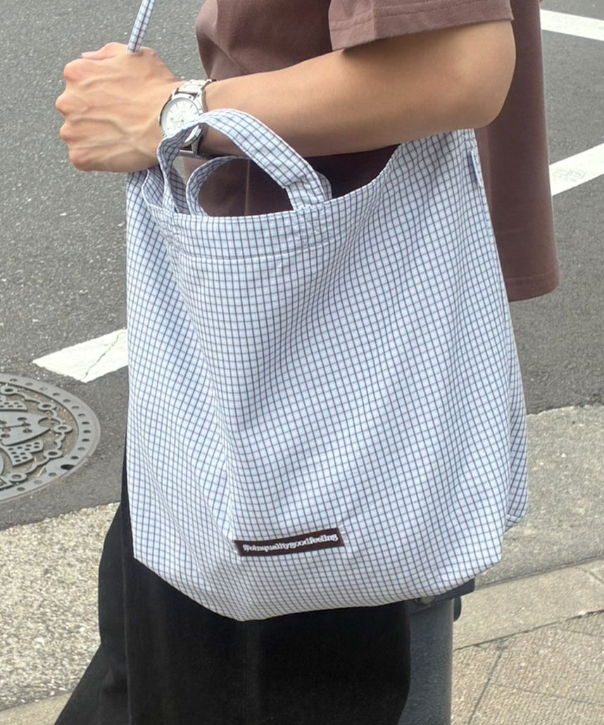 2WAYチェックトートバッグ / ユニセックス バック 2WAY 雑貨 刺繍 チェック ポケット サックスブルー