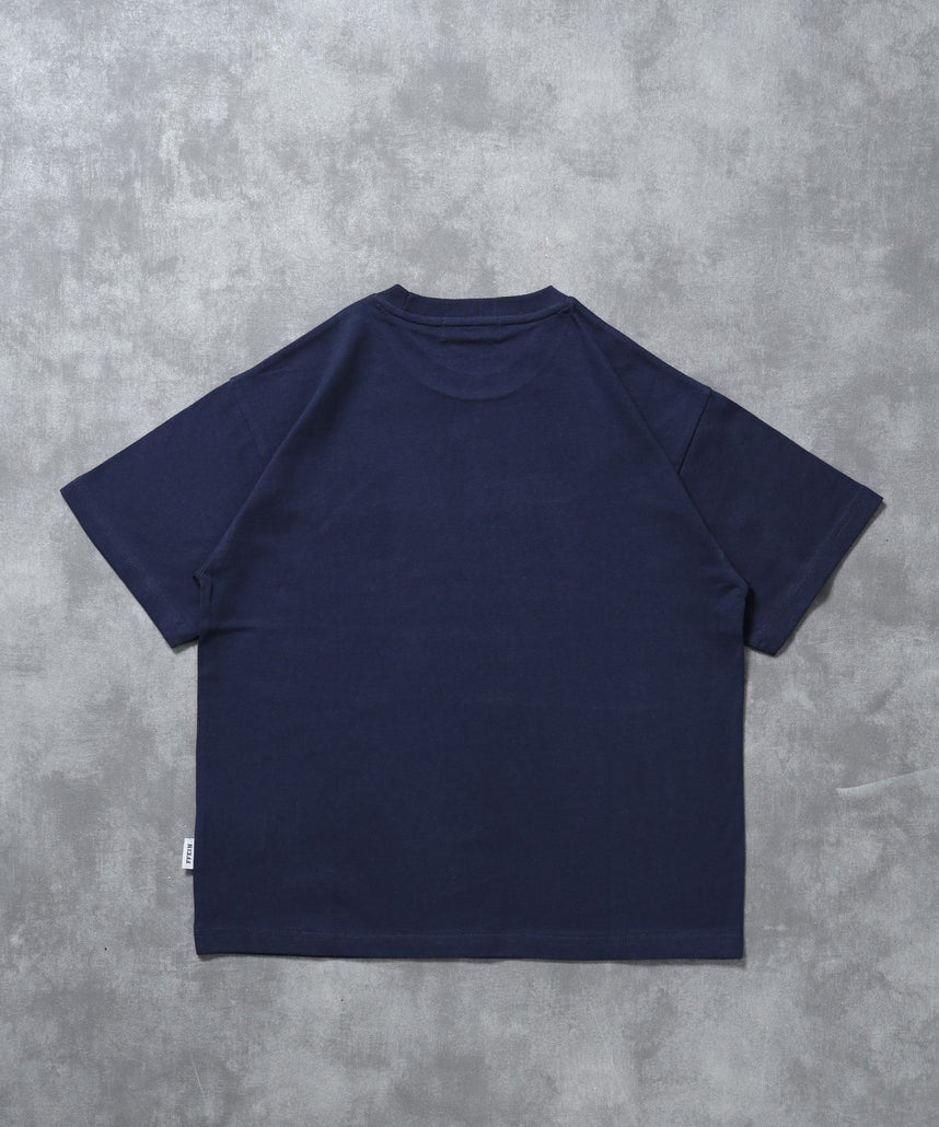立体チェックプリントロゴショート丈Tシャツ/ クルーネック 半袖 刺繍 【短丈】 ネイビー