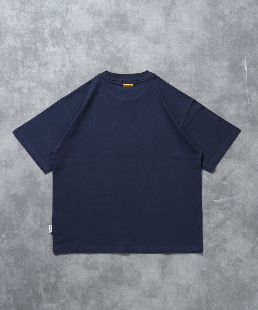 センターデカロゴプリントショート丈Tシャツ/ クルーネック 半袖 刺繍 【短丈】 ネイビー