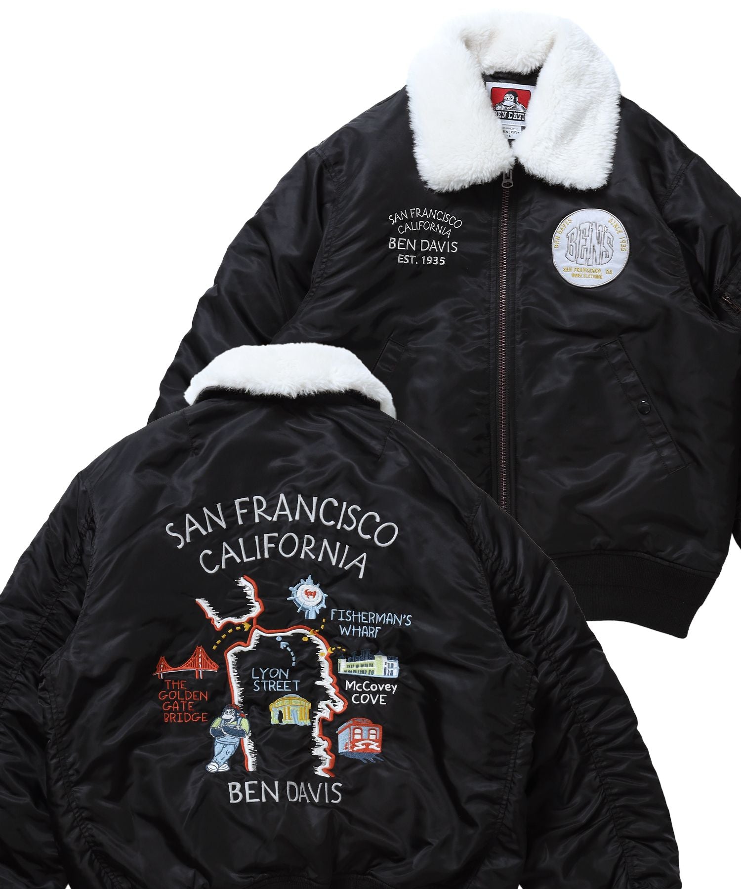 【BEN DAVIS(ベンデイビス)】SOUVENIR EMB FLIGHT JACKET / スーベニアジャケット フライトジャケット 刺繍 ワッペン 着脱ボア衿 アウター ユニセックス ブラック