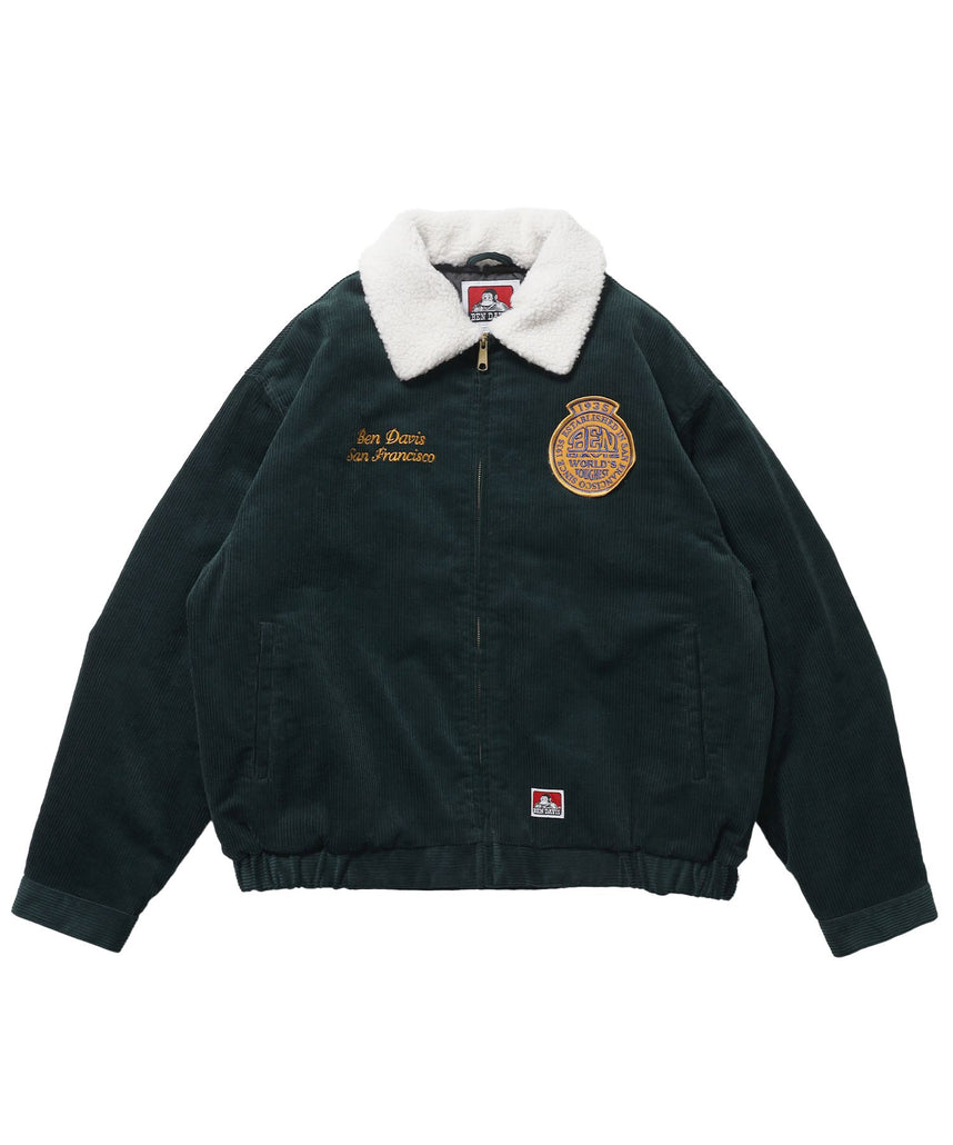 【BEN DAVIS(ベンデイビス)】REMOVAL BOA COLLAR RANCH JACKET / ランチジャケット コーデュロイ 着脱ボア衿 刺繍 ワッペン アウター ユニセックス ダークグリーン