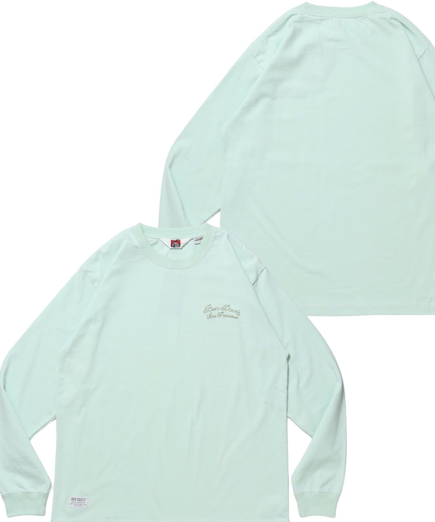 【BEN DAVIS(ベンデイビス)】SCRIPT VNTG L/S TEE (REG) / ロンT 長袖 刺繍 ビスネーム ヴィンテージ加工 レギュラーフィット ユニセックス ミント